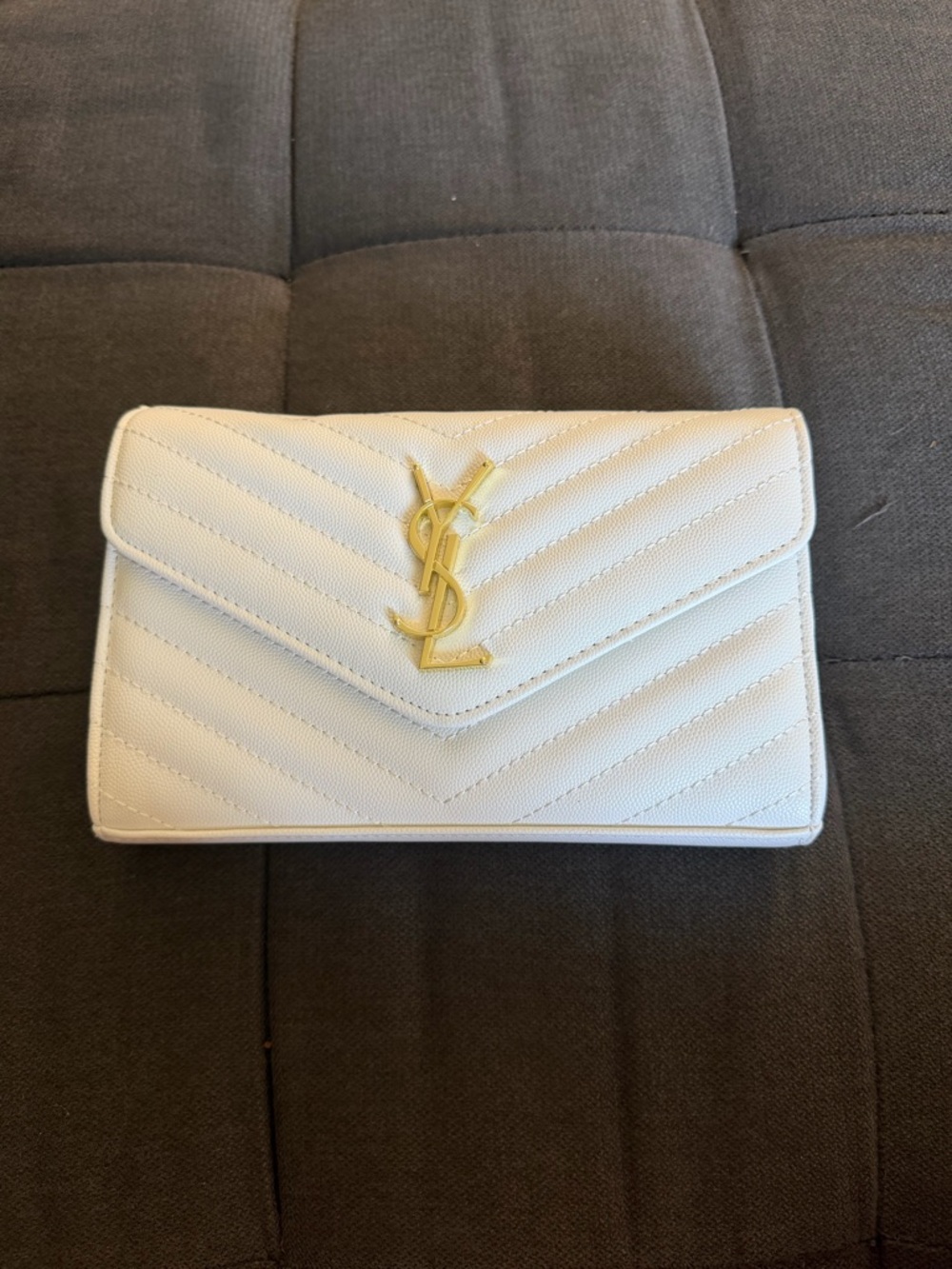 Saint Laurent White Quilted Envelope Clutch with Gold YSL